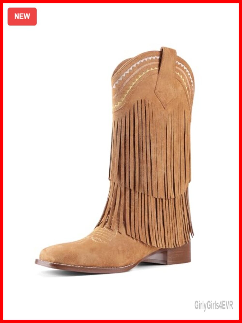 Fringe Mid Calf Cowgirl Boots Low Chunky Block Heel Square Toe Pull On Western